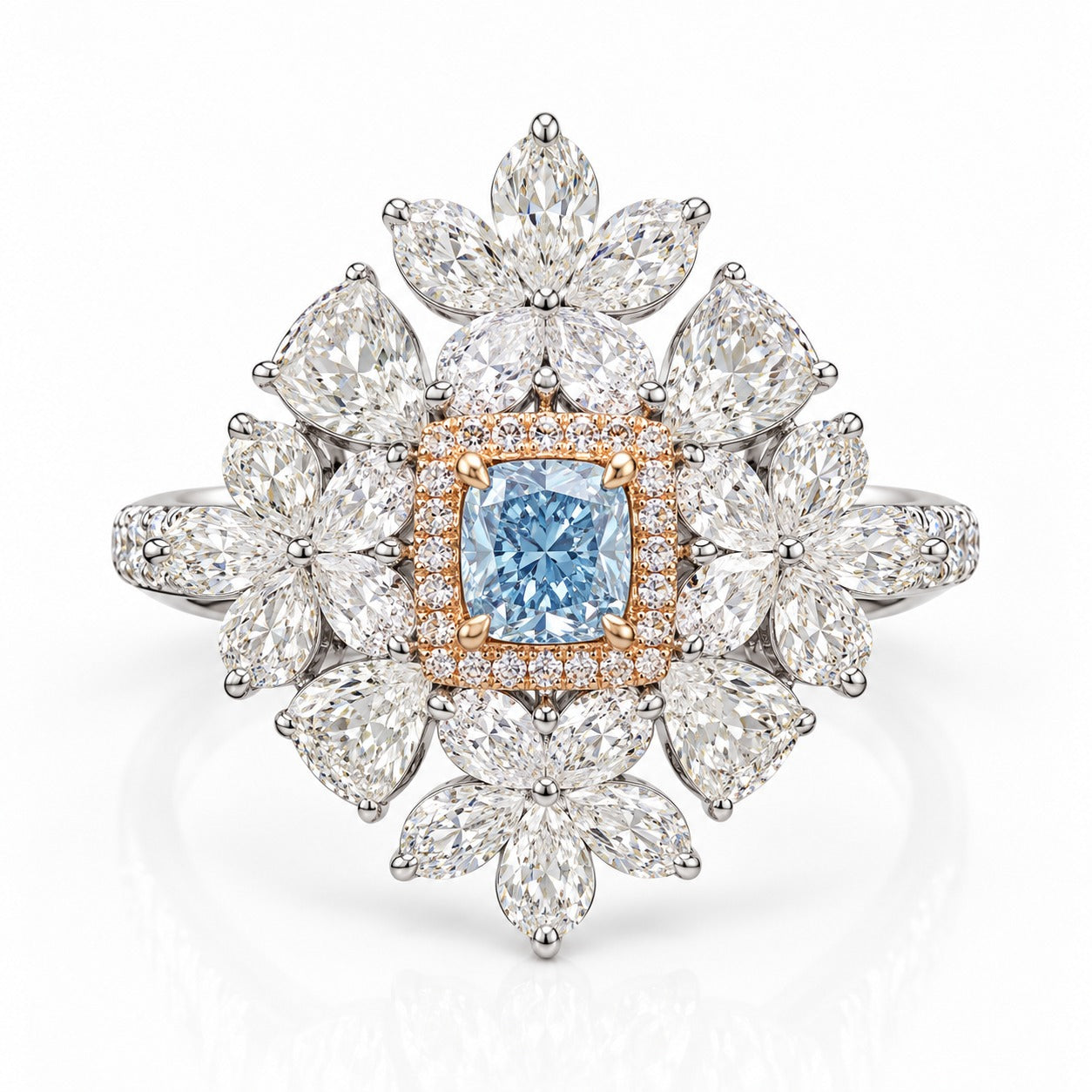 Natural 7.5 Carat Blue Diamond Floral Statement Ring