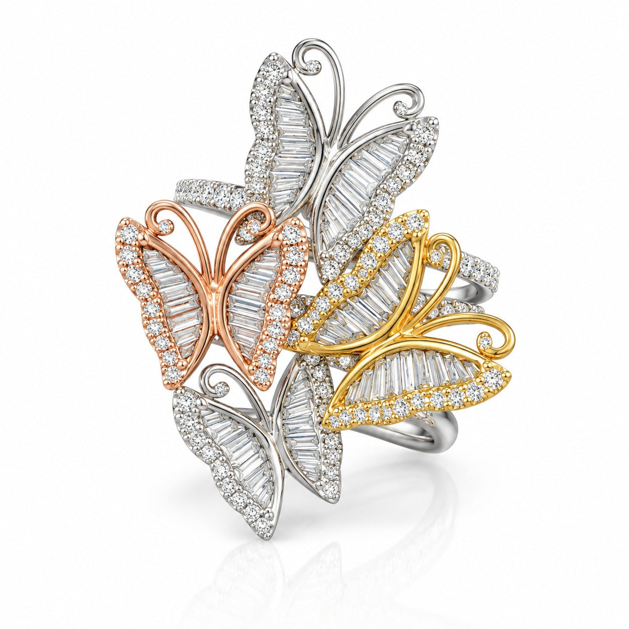 Natural 4 Carat Tri-Color Four Butterfly Diamond Ring